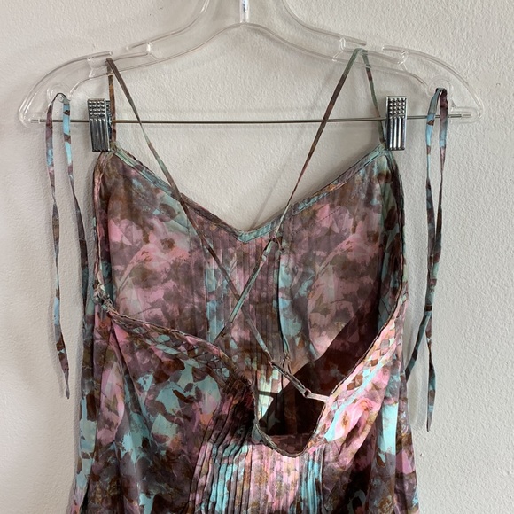 Ecote Abstract Floral Pink and Blue Sundress Pleats, Tie-waist, Pockets! - Picture 6 of 11